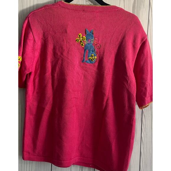 VTG Pink Cat Cardigan Morgan Cole with Embroidered Cats and Florals - Size Sm - Picture 4 of 7